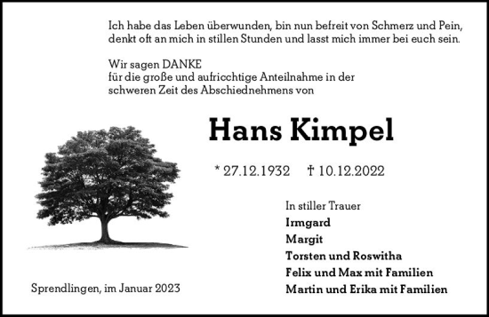 Traueranzeige von Hans Kimpel von vrm-trauer Allgemeine  Zeitung Ingelheim-Bingen