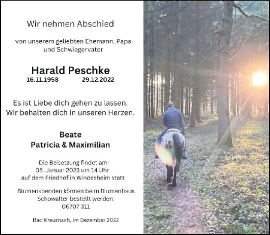 Traueranzeige von Harald Peschke von vrm-trauer Allg. Zeitung Bad Kreuznach