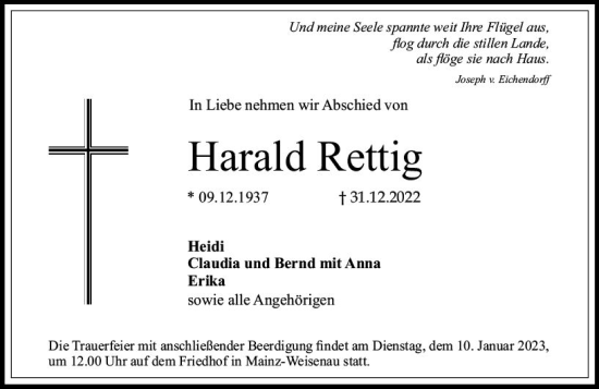 Traueranzeige von Harald Rettig von vrm-trauer AZ Mainz