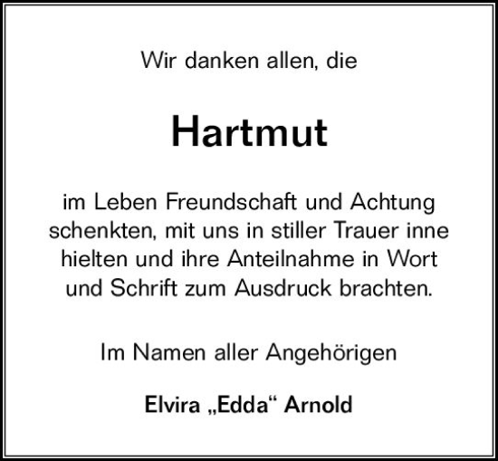 Traueranzeige von Hartmut Arnold von vrm-trauer Wormser Zeitung
