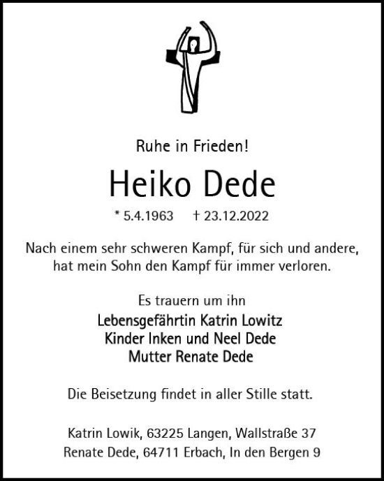Traueranzeige von Heiko Dede von vrm-trauer Odenwälder Echo