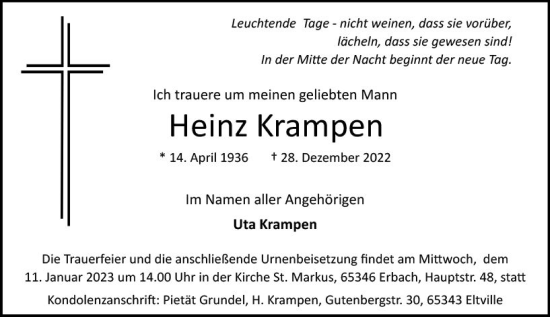 Traueranzeige von Heinz Krampen von vrm-trauer Rheingau