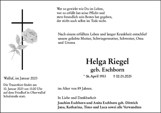 Traueranzeige von Helga Riegel von vrm-trauer Wiesbadener Kurier