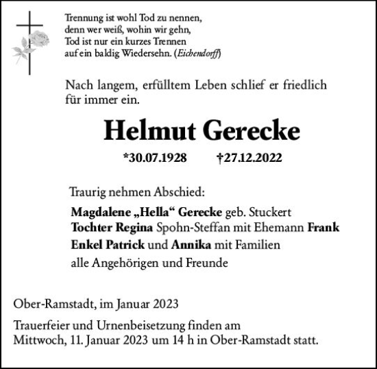 Traueranzeige von Helmut Gerecke von vrm-trauer Darmstädter Echo