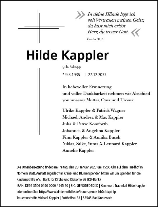 Traueranzeige von Hilde Kappier von vrm-trauer Allg. Zeitung Bad Kreuznach
