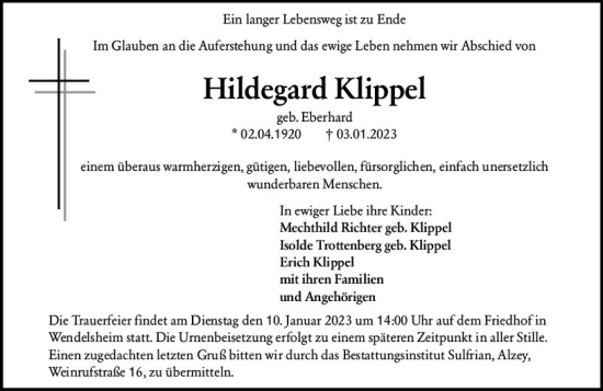 Traueranzeige von Hildegard Klippel von vrm-trauer Allgemeine Zeitung Alzey