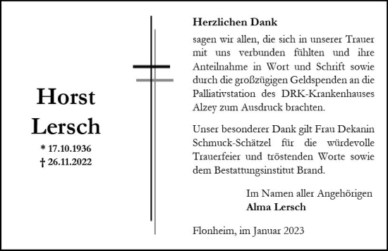 Traueranzeige von Horst Lersch von vrm-trauer Allgemeine Zeitung Alzey