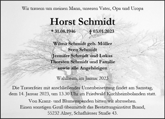 Traueranzeige von Horst Schmidt von vrm-trauer Allgemeine Zeitung Alzey