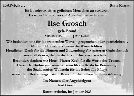 Traueranzeige von Ilse Grosch von vrm-trauer Allgemeine Zeitung Alzey