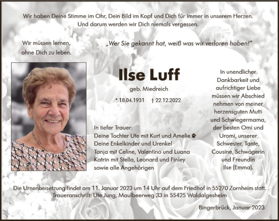 Traueranzeige von Ilse Luff von vrm-trauer Allgemeine  Zeitung Ingelheim-Bingen