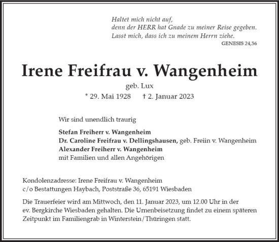 Traueranzeige von Irene Freifrau v. Wangenheim von vrm-trauer Wiesbadener Kurier