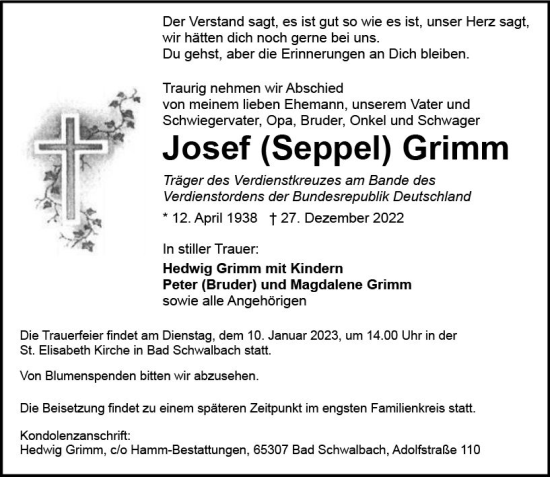 Traueranzeige von Josef Grimm von vrm-trauer Wiesbadener Kurier