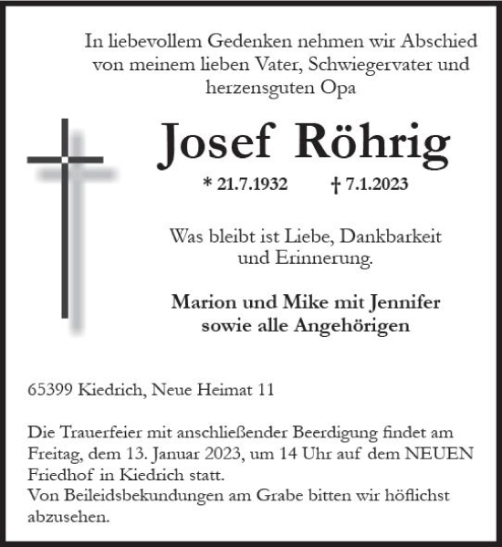 Traueranzeige von Josef Röhrig von vrm-trauer Rheingau