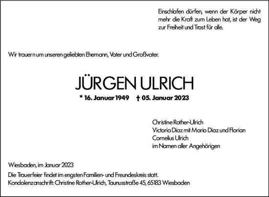 Traueranzeige von Jürgen Ulrich von vrm-trauer Wiesbadener Kurier