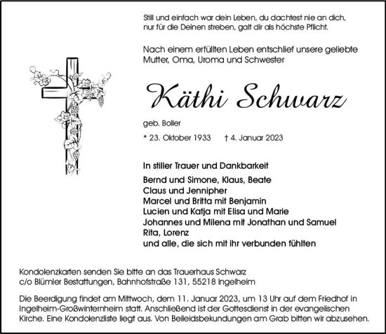 Traueranzeige von Käthi Schwarz von vrm-trauer Allgemeine  Zeitung Ingelheim-Bingen