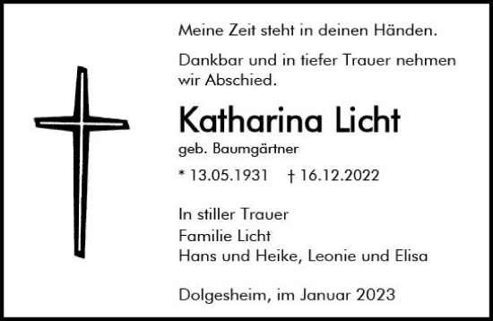 Traueranzeige von Katharina Licht von vrm-trauer AZ Mainz