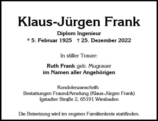 Traueranzeige von Klaus-Jürgen Frank von vrm-trauer AZ Mainz
