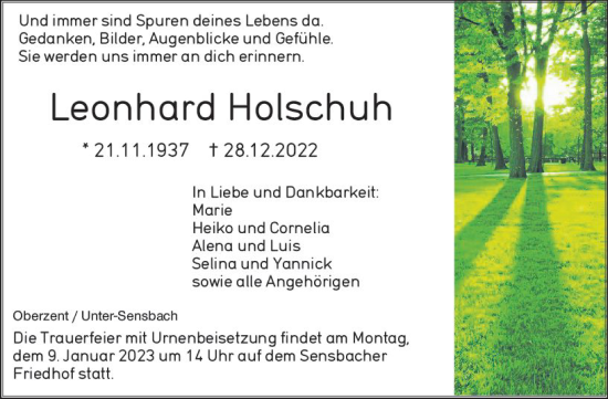 Traueranzeige von Leonhard Holschuh von vrm-trauer Odenwälder Echo