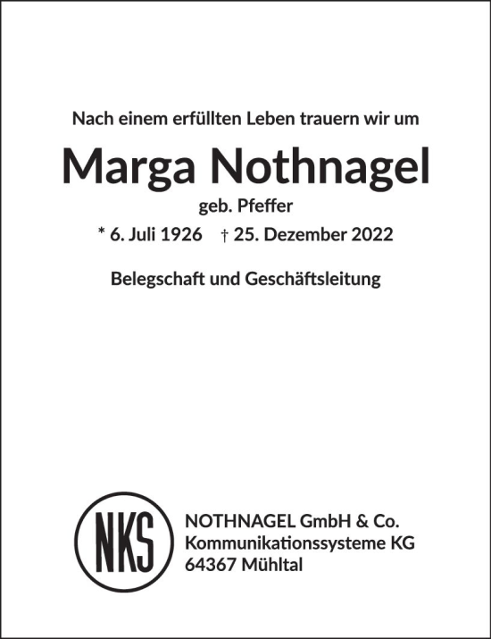 Traueranzeige von Marga Nothnagel von vrm-trauer Odenwälder Echo