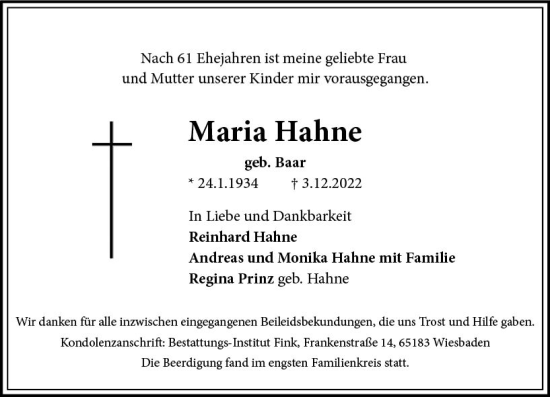 Traueranzeige von Maria Hahne von vrm-trauer Wiesbadener Kurier