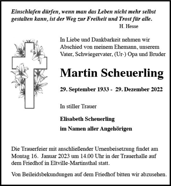 Traueranzeige von Martin Scheuerling von vrm-trauer Wiesbadener Kurier