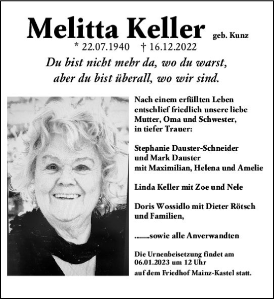 Traueranzeige von Melitta Keller von vrm-trauer AZ Mainz