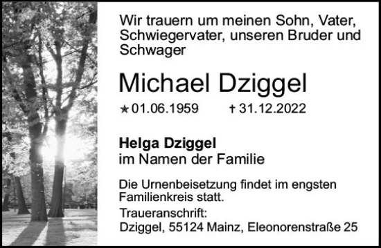 Traueranzeige von Michael Dziggel von vrm-trauer AZ Mainz