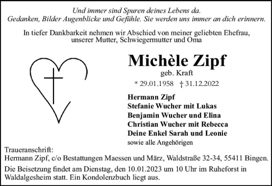Traueranzeige von Michele Zipf von vrm-trauer Allgemeine  Zeitung Ingelheim-Bingen