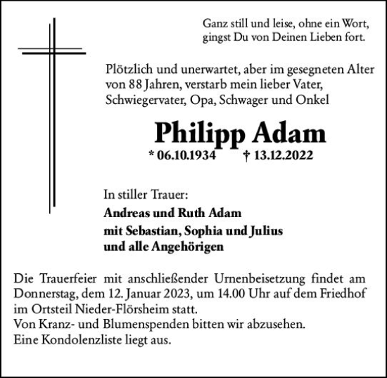 Traueranzeige von Philipp Adam von vrm-trauer Wormser Zeitung