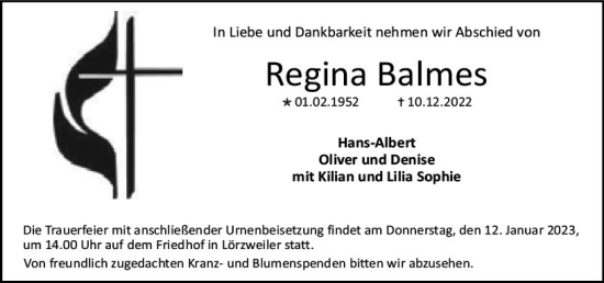 Traueranzeige von Regina Balmes von vrm-trauer AZ Mainz