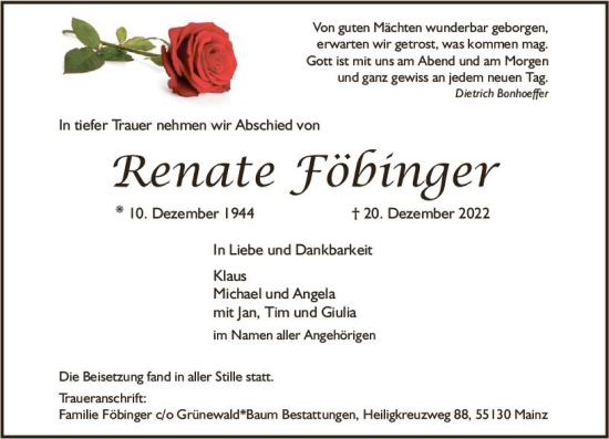Traueranzeige von Renate Föbinger von vrm-trauer AZ Mainz