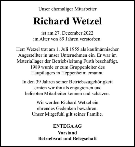 Traueranzeige von Richard Wetzel von vrm-trauer Odenwälder Echo