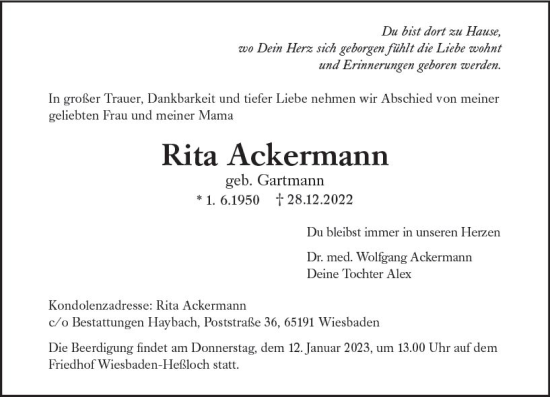Traueranzeige von Rita Ackermann von vrm-trauer Wiesbadener Kurier