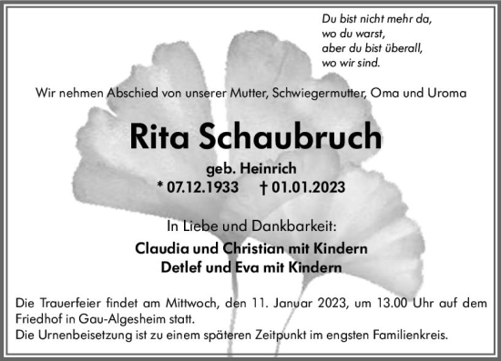 Traueranzeige von Rita Schaubruch von vrm-trauer Allgemeine  Zeitung Ingelheim-Bingen