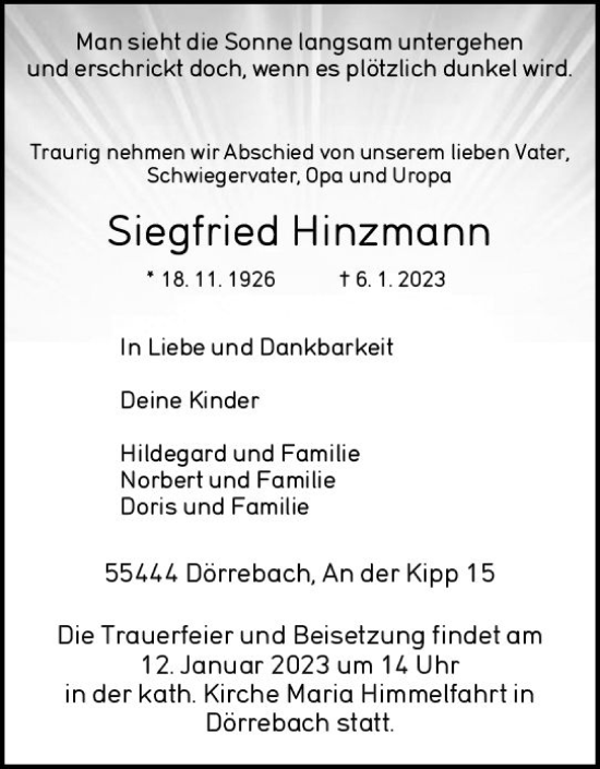 Traueranzeige von Siegfried Hinzmann von vrm-trauer Allg. Zeitung Bad Kreuznach