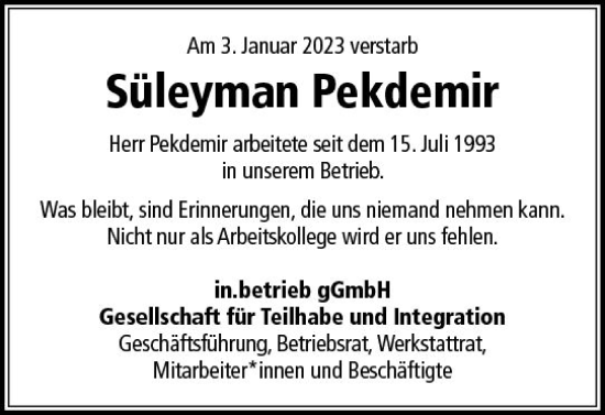 Traueranzeige von Süleman Pekdemir von vrm-trauer AZ Mainz