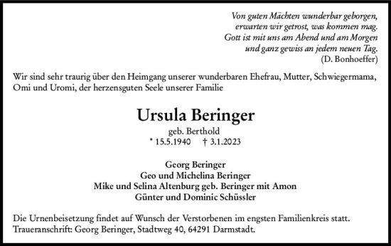Traueranzeige von Ursula Beringer von vrm-trauer Darmstädter Echo
