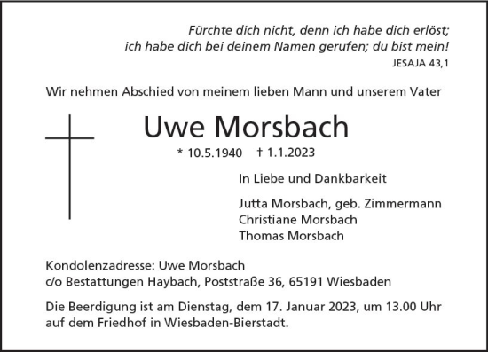 Traueranzeige von Uwe Morsbach von vrm-trauer Wiesbadener Kurier