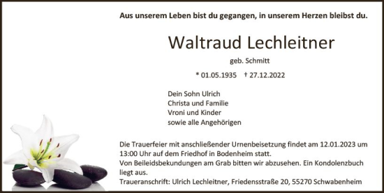 Traueranzeige von Waltraud Lechleitner von vrm-trauer AZ Mainz