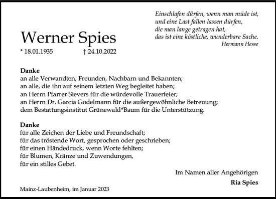 Traueranzeige von Werner Spies von vrm-trauer AZ Mainz