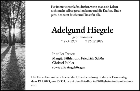 Traueranzeige von Adelgund Hiegele von Wormser Zeitung