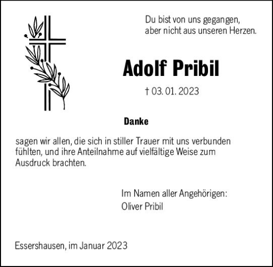 Traueranzeige von Adolf Pribil von Weilburger Tageblatt