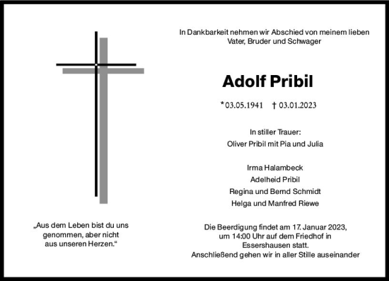 Traueranzeige von Adolf Pribil von Weilburger Tageblatt