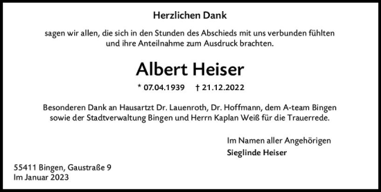 Traueranzeige von Albert Heiser von Allgemeine Zeitung Ingelheim-Bingen