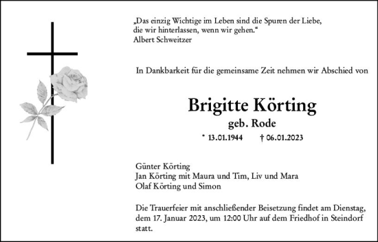 Traueranzeige von Brigitte Körting von Wetzlarer Neue Zeitung