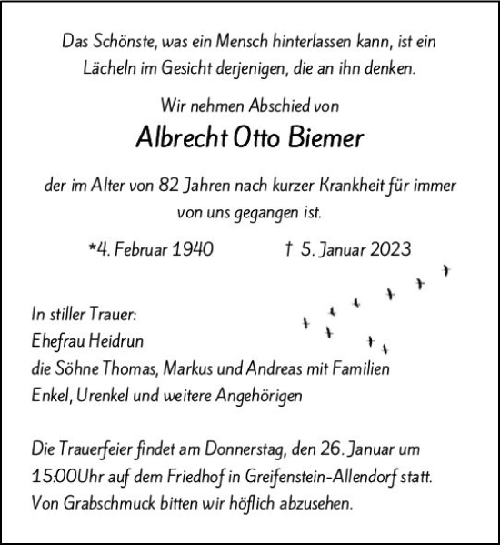 Traueranzeige von Albrecht Otto Biemer von Wetzlarer Neue Zeitung