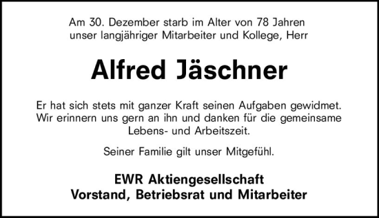 Traueranzeige von Alfred Jäschner von Wormser Zeitung