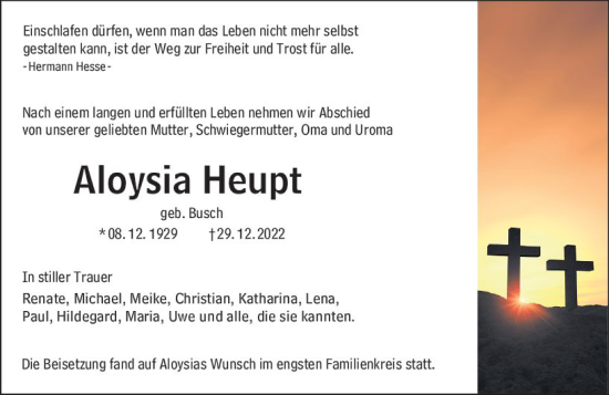 Traueranzeige von Aloysia Heupt von Rüsselsheimer Echo