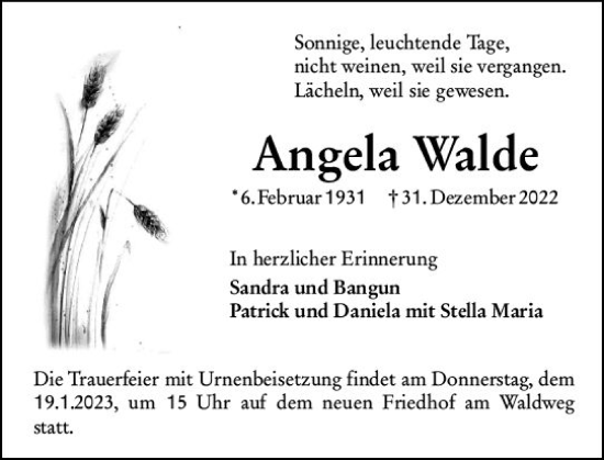 Traueranzeige von Angela Walde von Rüsselsheimer Echo