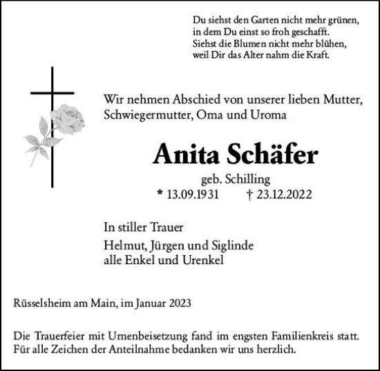 Traueranzeige von Anita Schäfer von Rüsselsheimer Echo